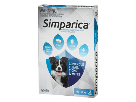 3pk Simparica chew for Dogs 10 to 20kg fleas, ticks & mites