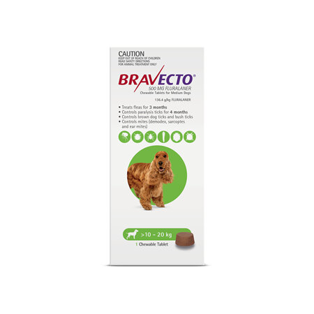 Bravecto Chew for Medium Dogs 10 - 20kg - Green - 3 month pack