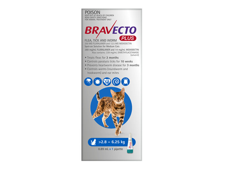 Bravecto Plus Cat for Medium Cats 2.8 - 6.25 kg - Blue - 2 month pack