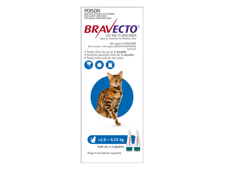 Bravecto Spot-on Cat for Medium Cats 2.8 - 6.25 kg - Blue - 6 month pack
