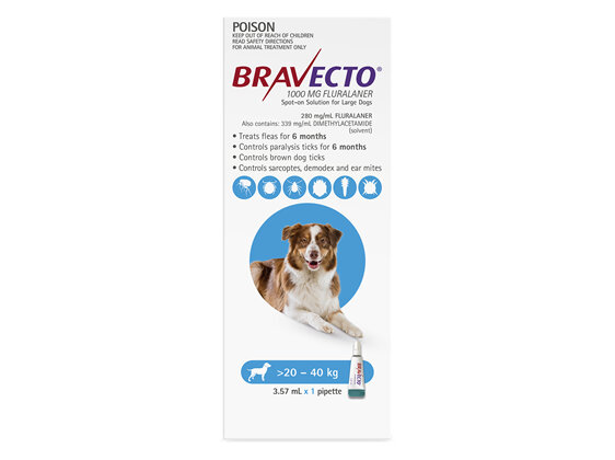 Bravecto Spot-on for Large Dogs 20 - 40kg - Blue - 6 month pack