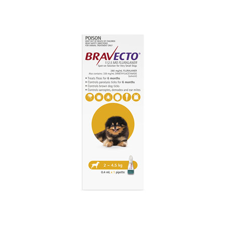 Bravecto Spot-on for Very Small Dogs 2 - 4.5kg - Yellow - 6 month pack